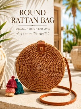 Round Rattan Crossbody Bag Boho Wicker Bali Style Leather Strap Tassel NWT